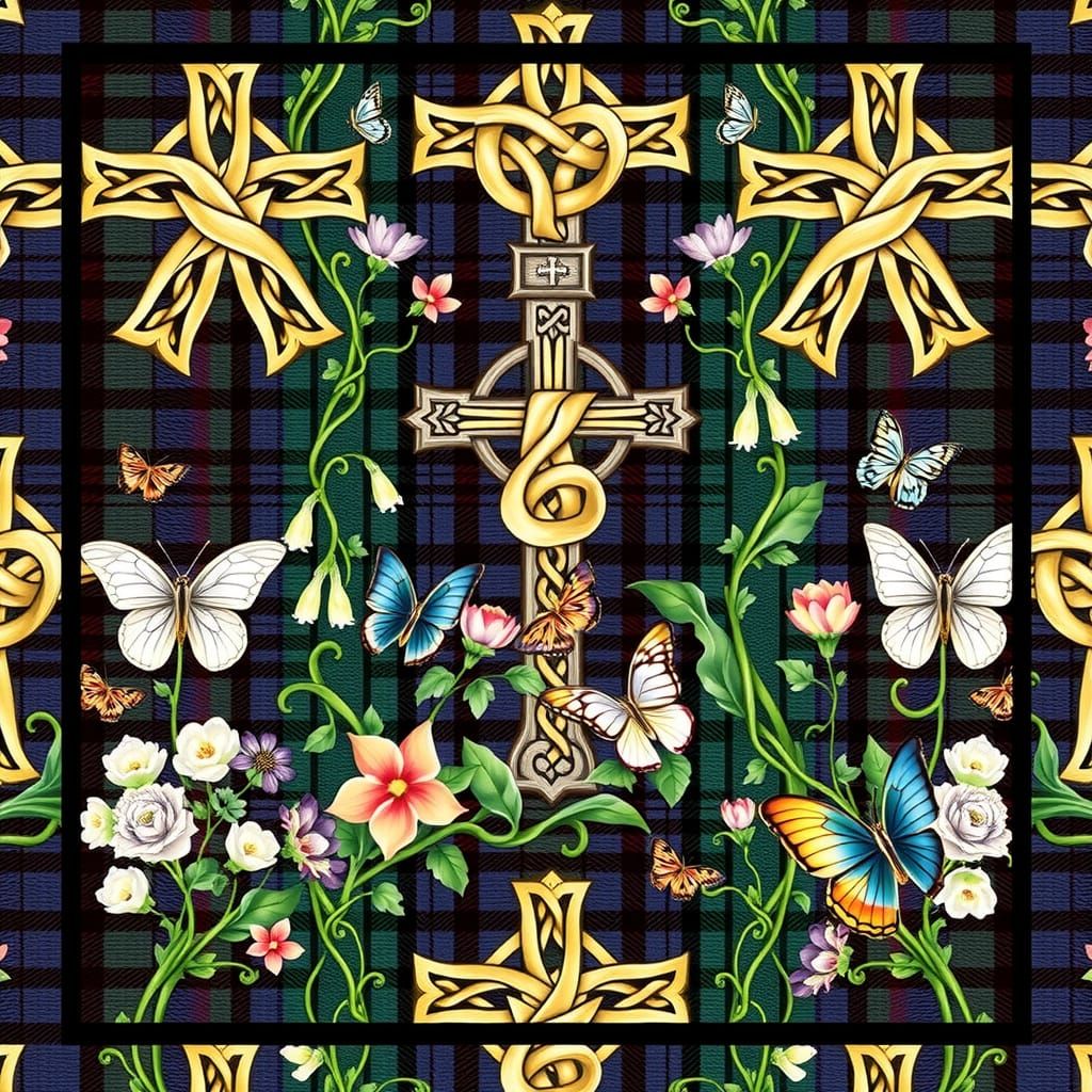 Traditional Celtic Fabric Tile with Celtic Crosses and Paisl...