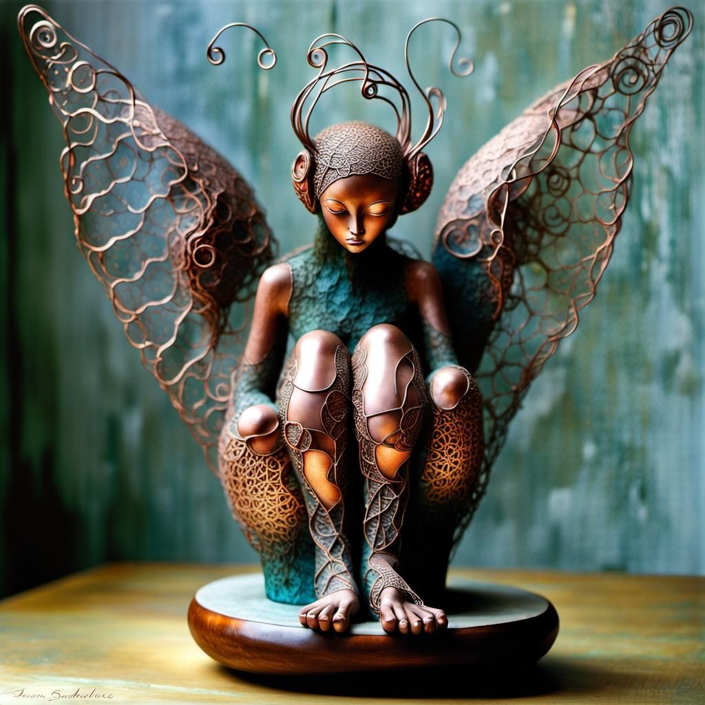 Surreal Winged Fairy in Copper Clay Sculpture