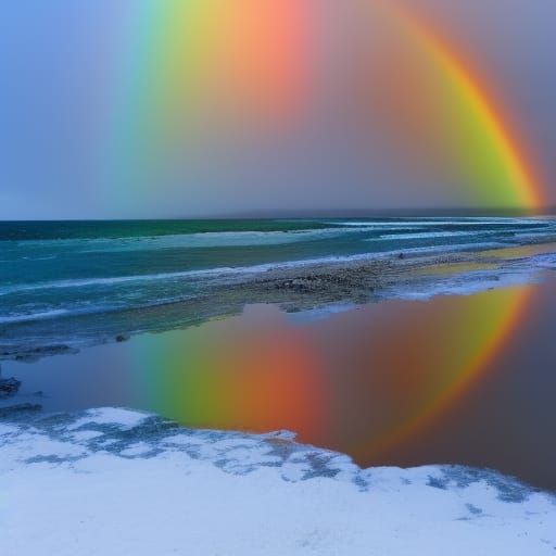 Rainbow Reflected Over Snowy Ocean Vista