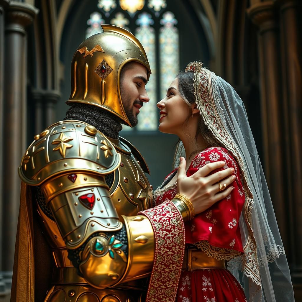 Extremely handsome knight in golden annd silver open armour ...