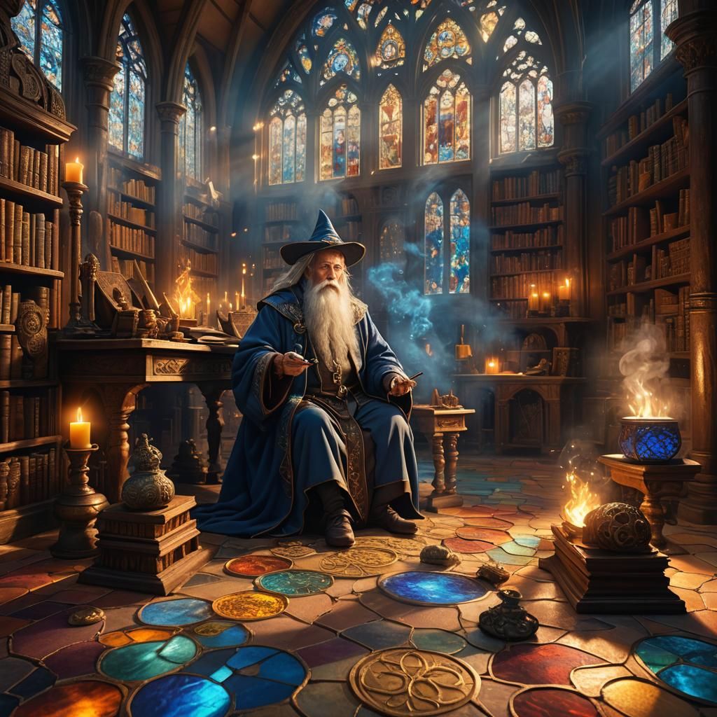 Mystical Wizard in Grand Library: Fantasy Concept Art