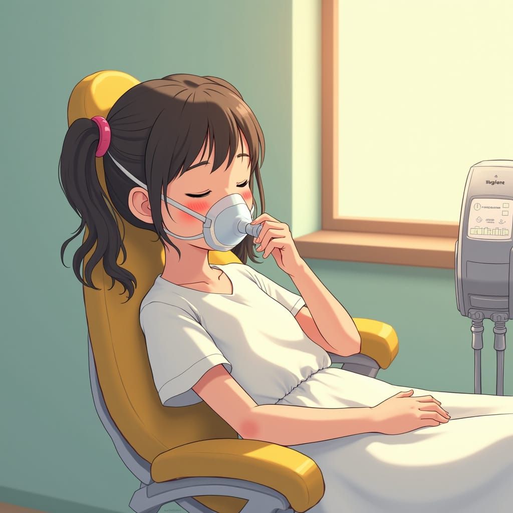 Girl Inhaling Anesthesia: Studio Ghibli Anime Illustration