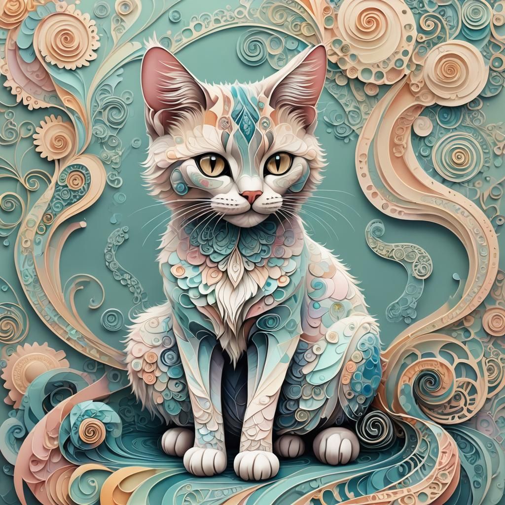 Elegant Cat with Geometric Hair in 3D Pastel