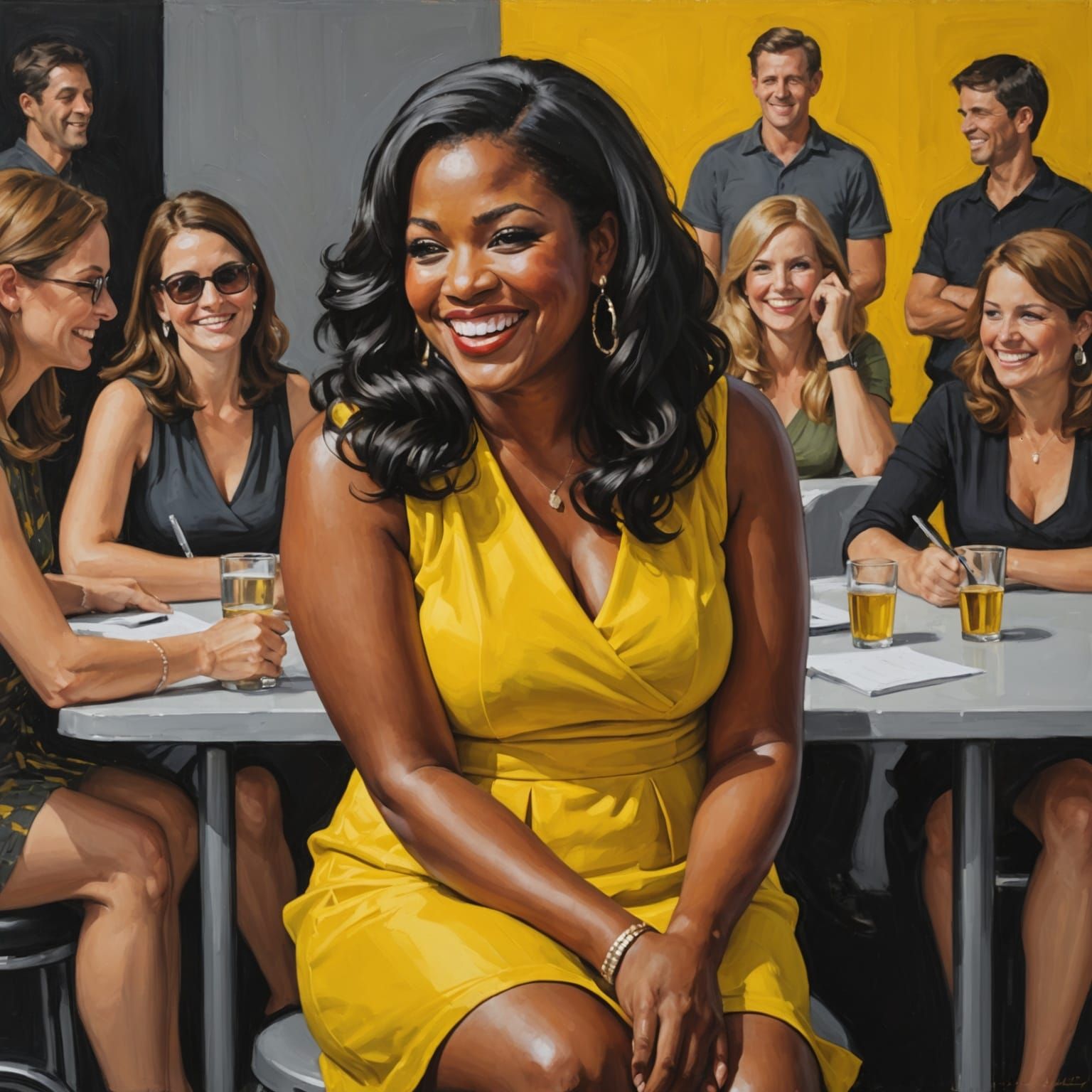 Thick Woman in Yellow Dress Sitting on Questions