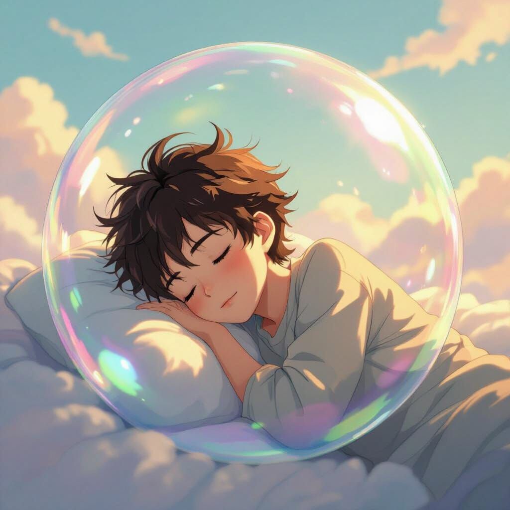 Anime Boy Sleeping in Iridescent Soap Bubble