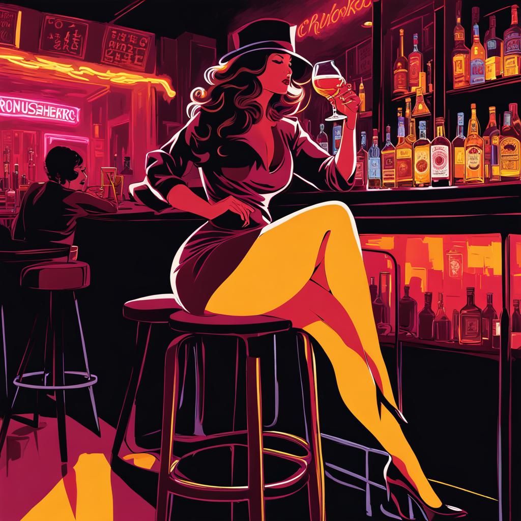 Woman in Tokyo Bar as Impasto Illustration