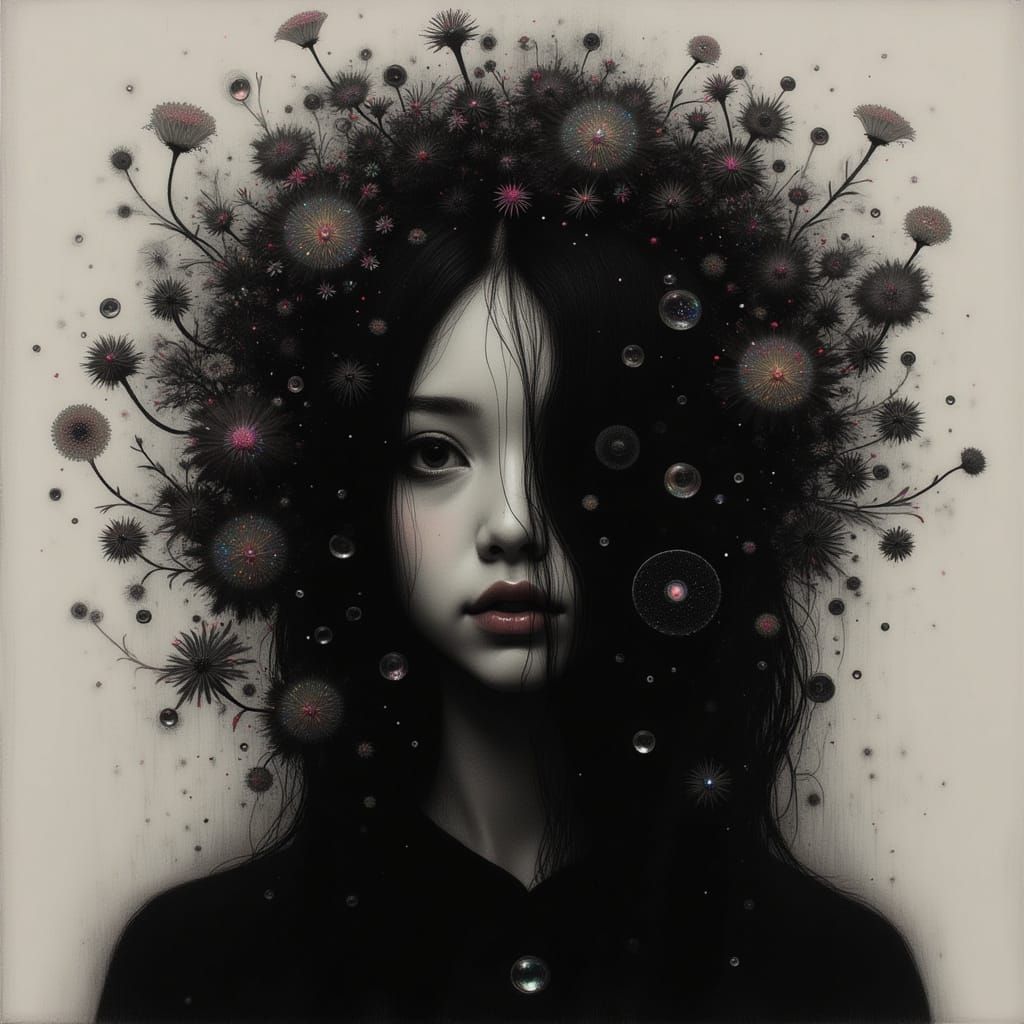 Enigmatic Japanese Woman Amidst Wildflowers