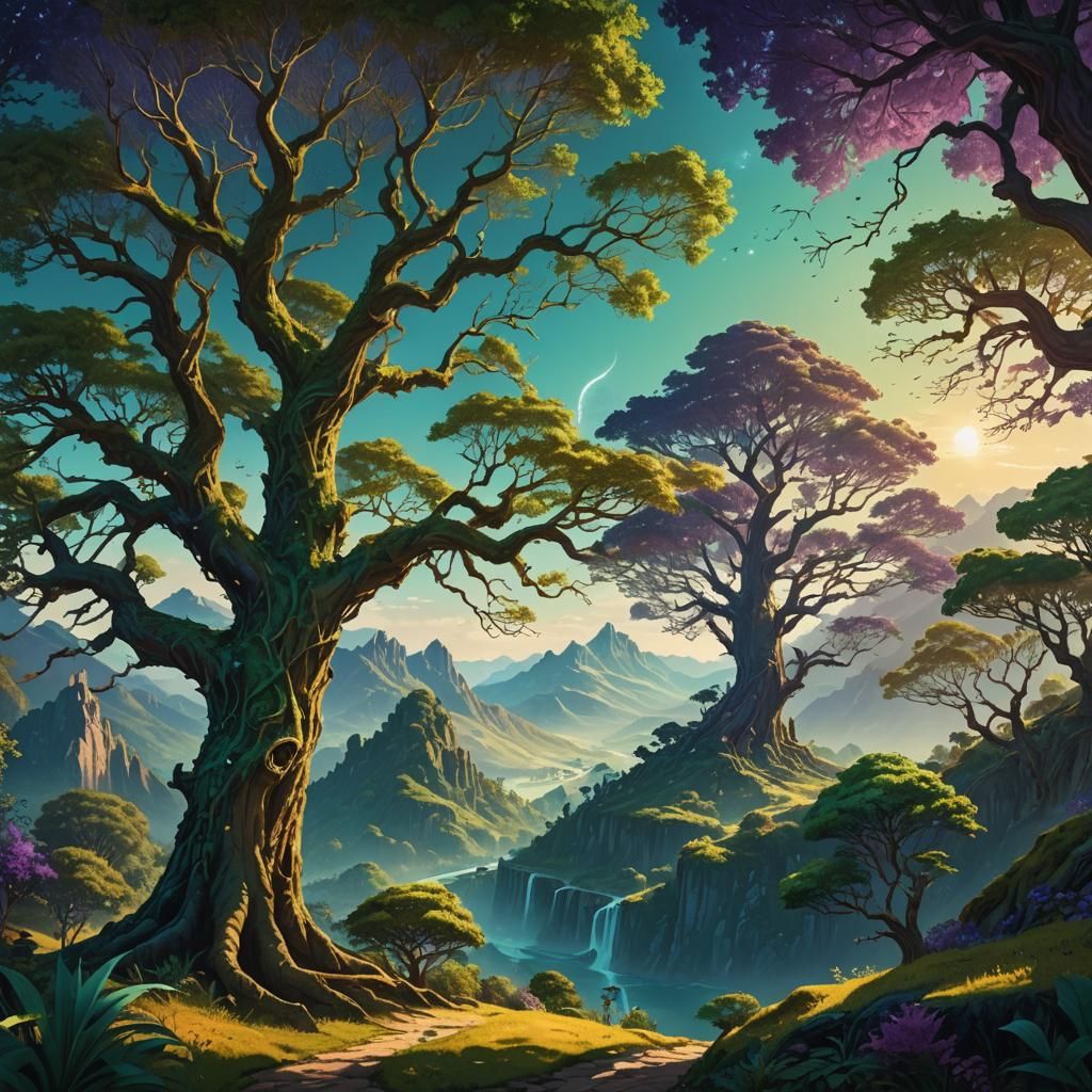 Magical Landscape with Enormous Tree: Fantasy Concept Art