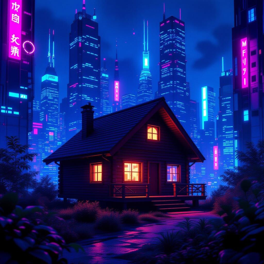 Cozy Cabin in Futuristic Neon Cityscape