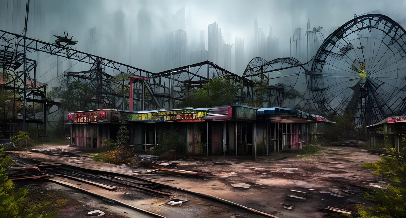 Dystopian Overgrown Amusement Park in Watercolor Style