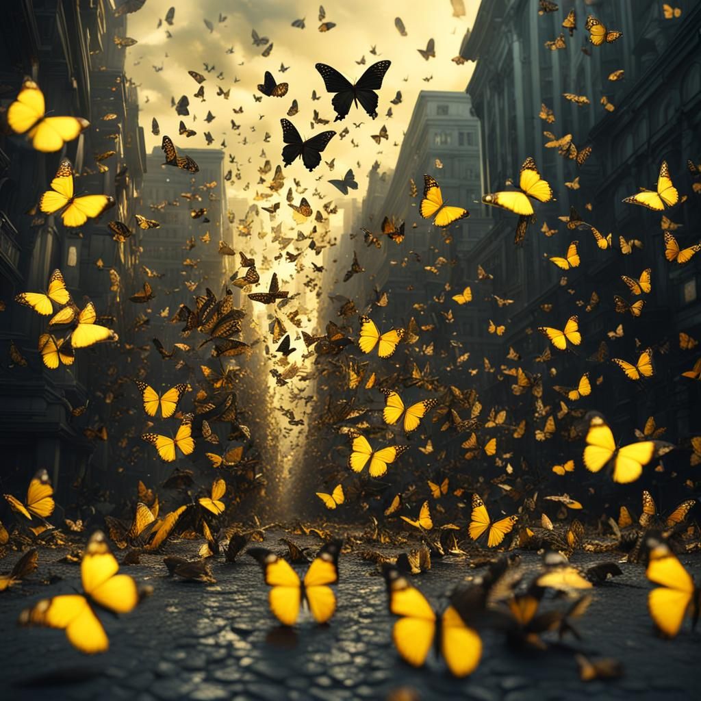 City Street Overflowing with Butterflies: Digital Matte Pain...