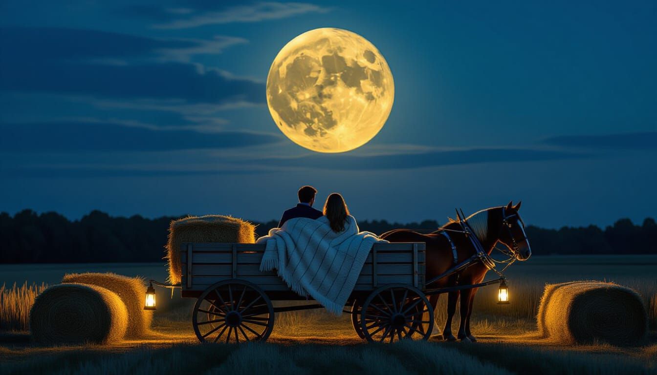 Romantic Autumn Hayride Under Harvest Moon: Photorealistic F...