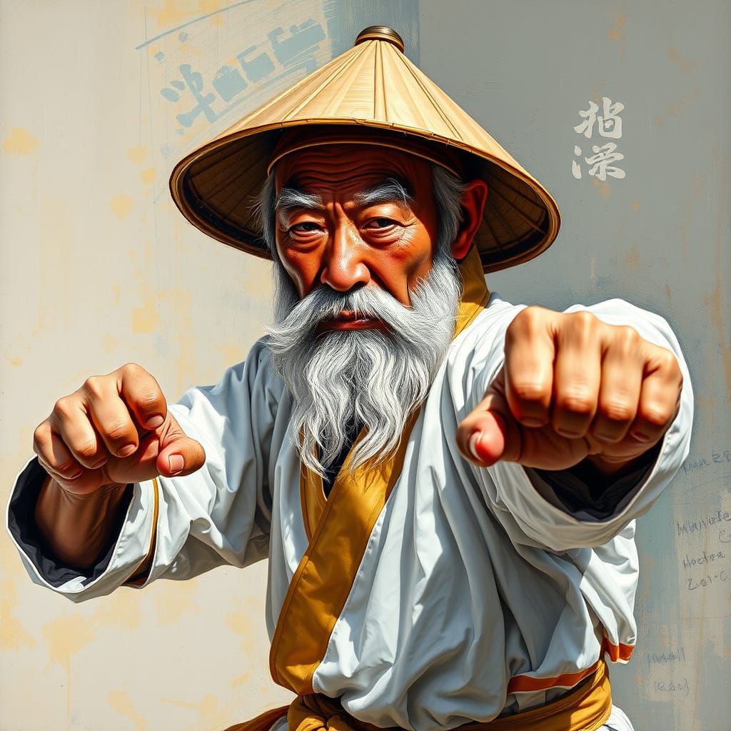 Elderly Master Wu in Neo-Impressionist Karate Stance