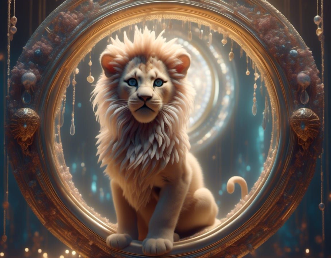 Kitten's Lion Reflection in Mystical Fantasy Mirror