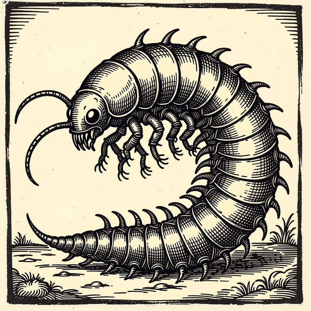 Medieval Woodcut Art of a Giant Armored Centipede