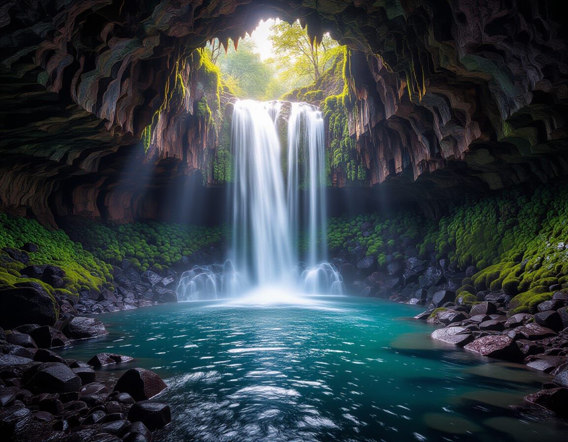 Glowing Waterfall in Gemstone Cave: Hyperrealistic HDR Image