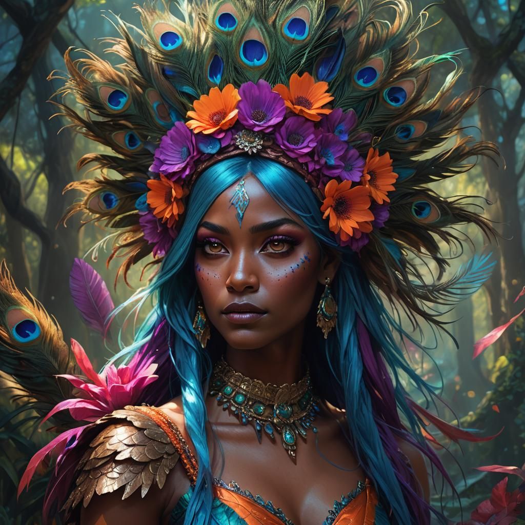 Dark Fantasy Woman with Peacock Feathers, Digital Art