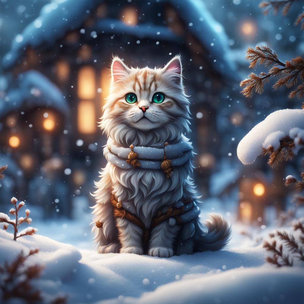 Fluffy Cat in Snow: Detailed Matte Painting
