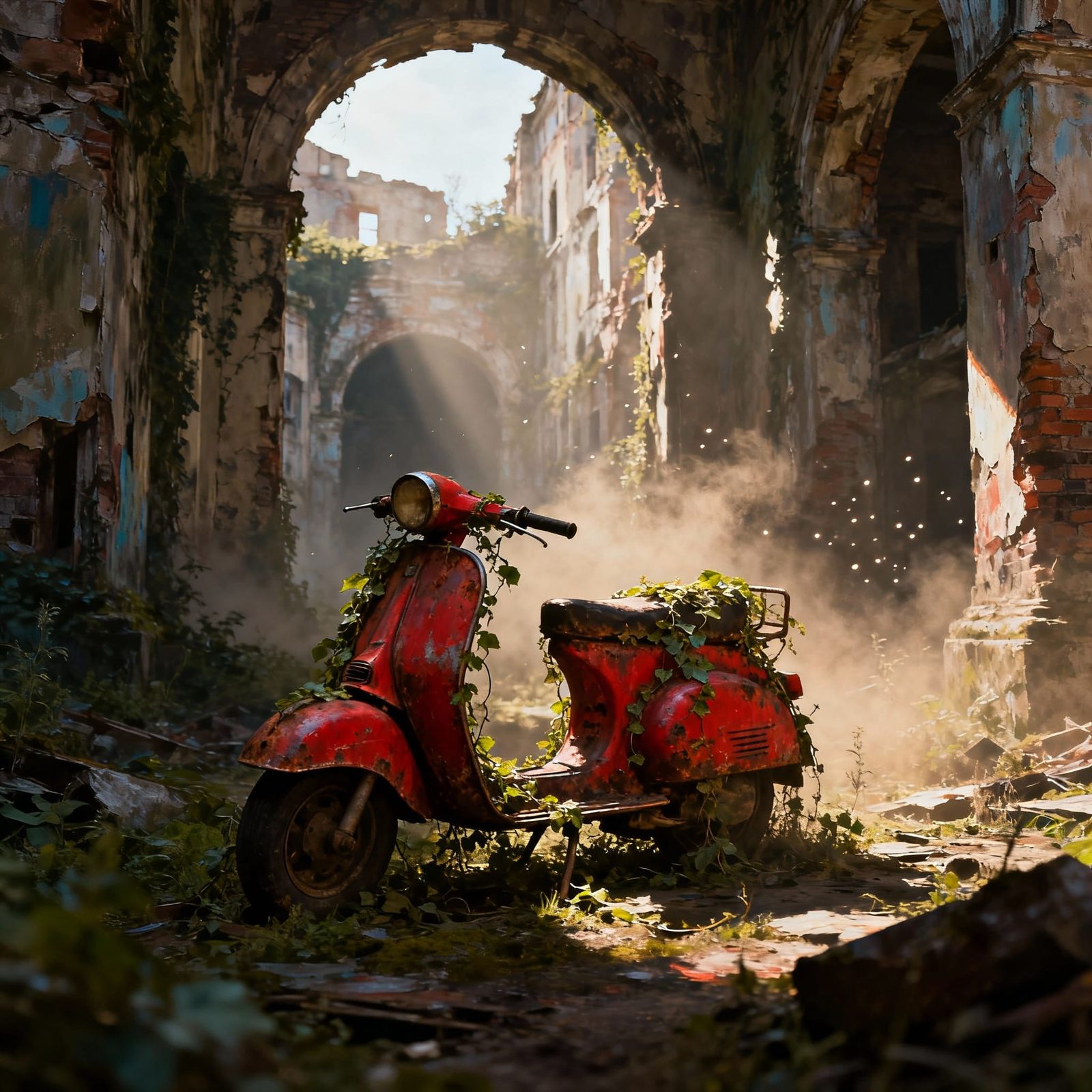Weathered Scooter in Overgrown City Ruins as Surreal Concept...