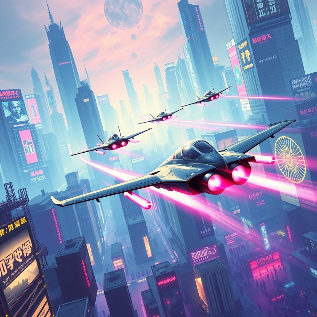 Cyberpunk Fighter Jets Soar Through Neon City