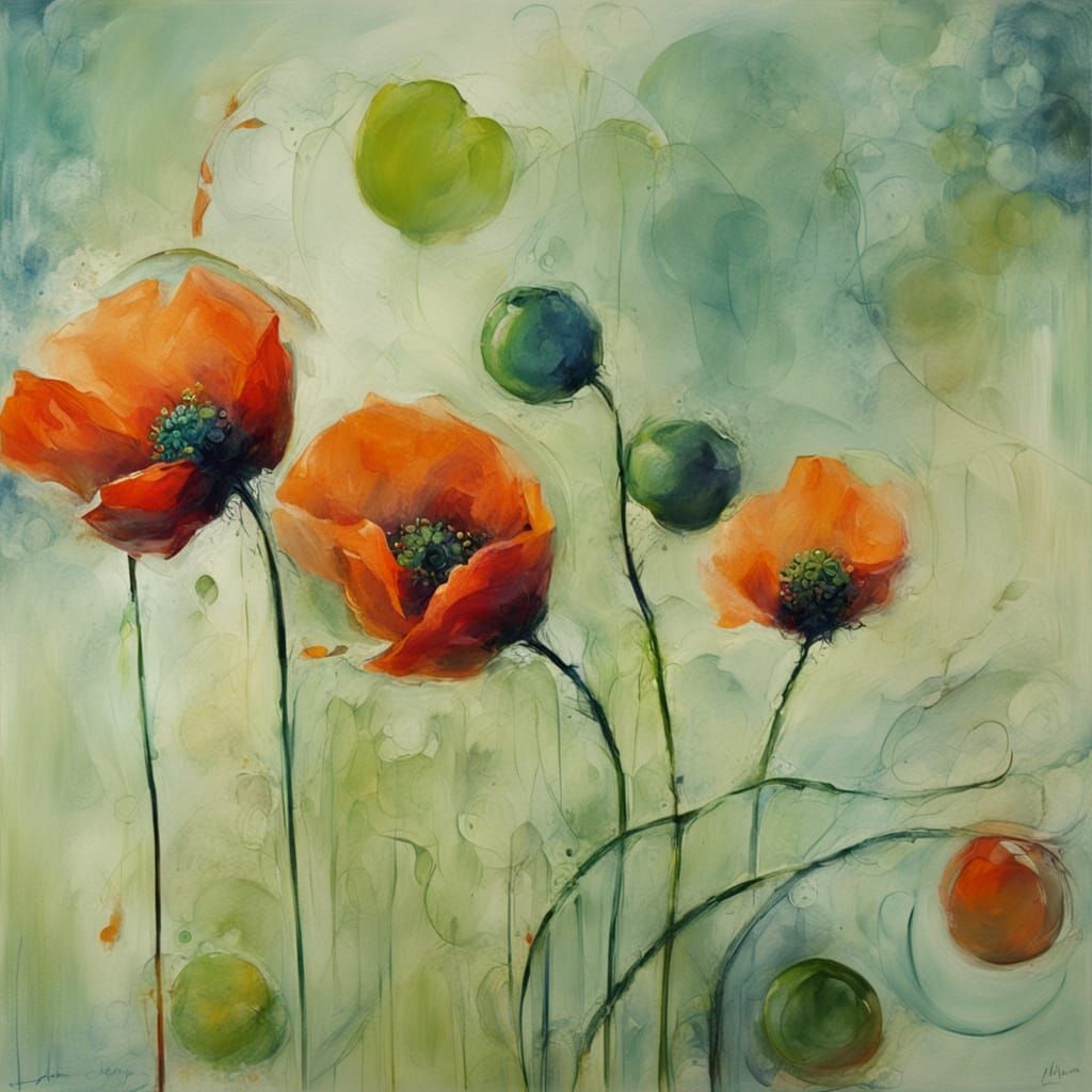 Ethereal Bloomless Poppies and Grapes in Abstract Expression...