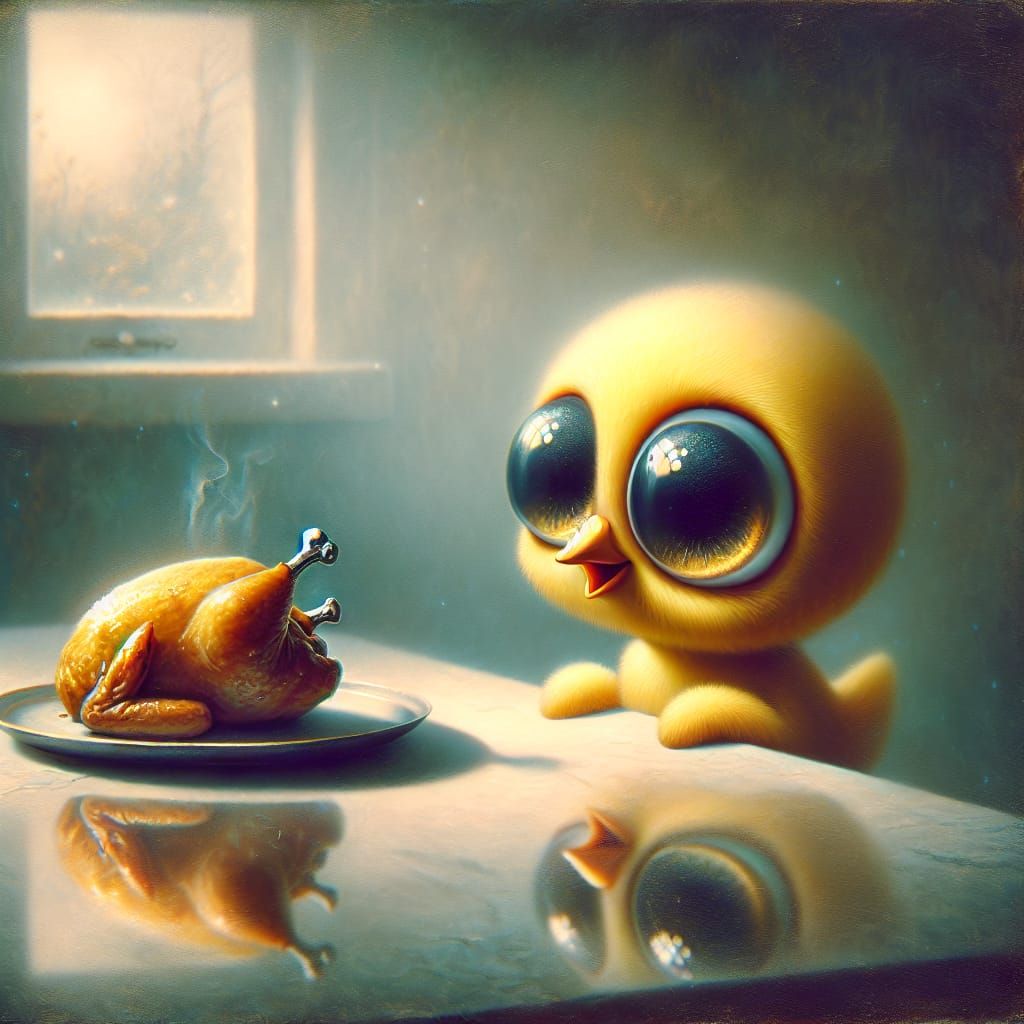 Whimsical Chick Eyes Roast Chicken, Surreal Dreamscape