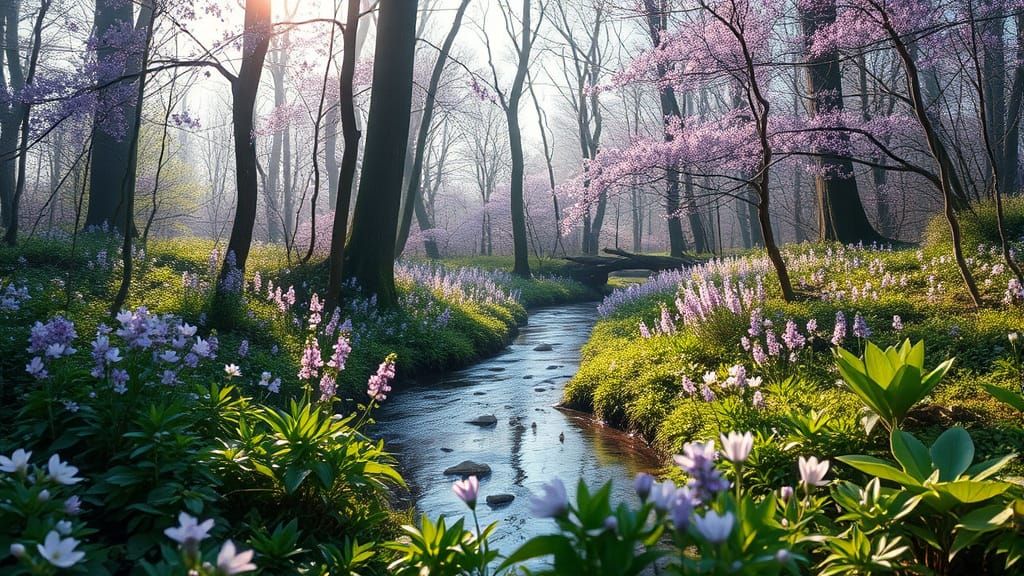 Spring Forest with Violet Flowers in HDR Oil Painting