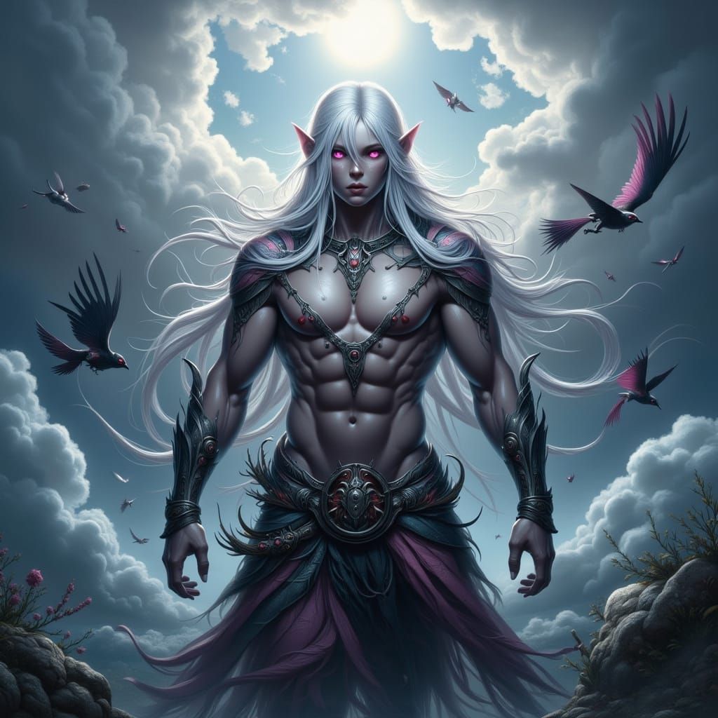 Muscle-Bound Drow Warrior in Heavenly Cloudscape