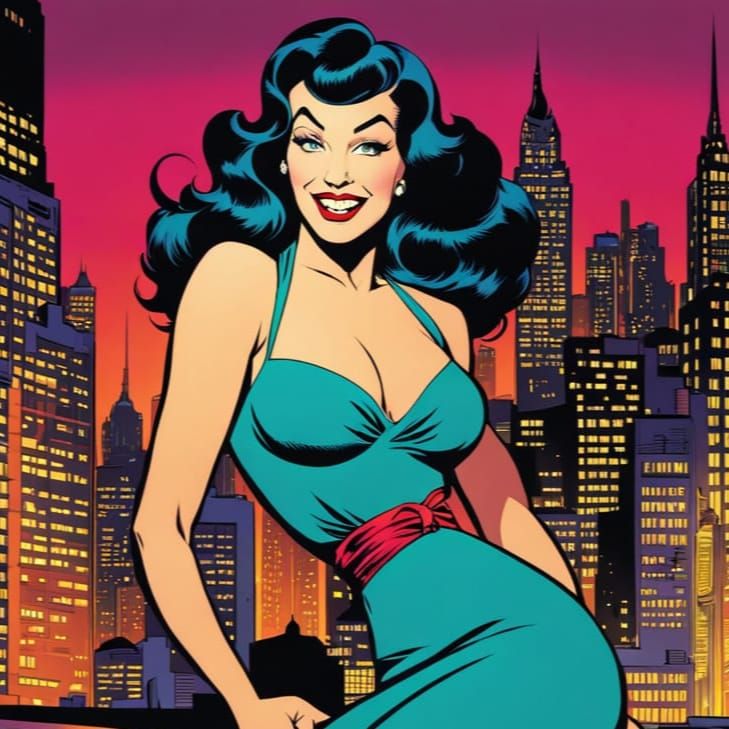 Hollywood Starlet Grins in Vintage Comic Style Cityscape