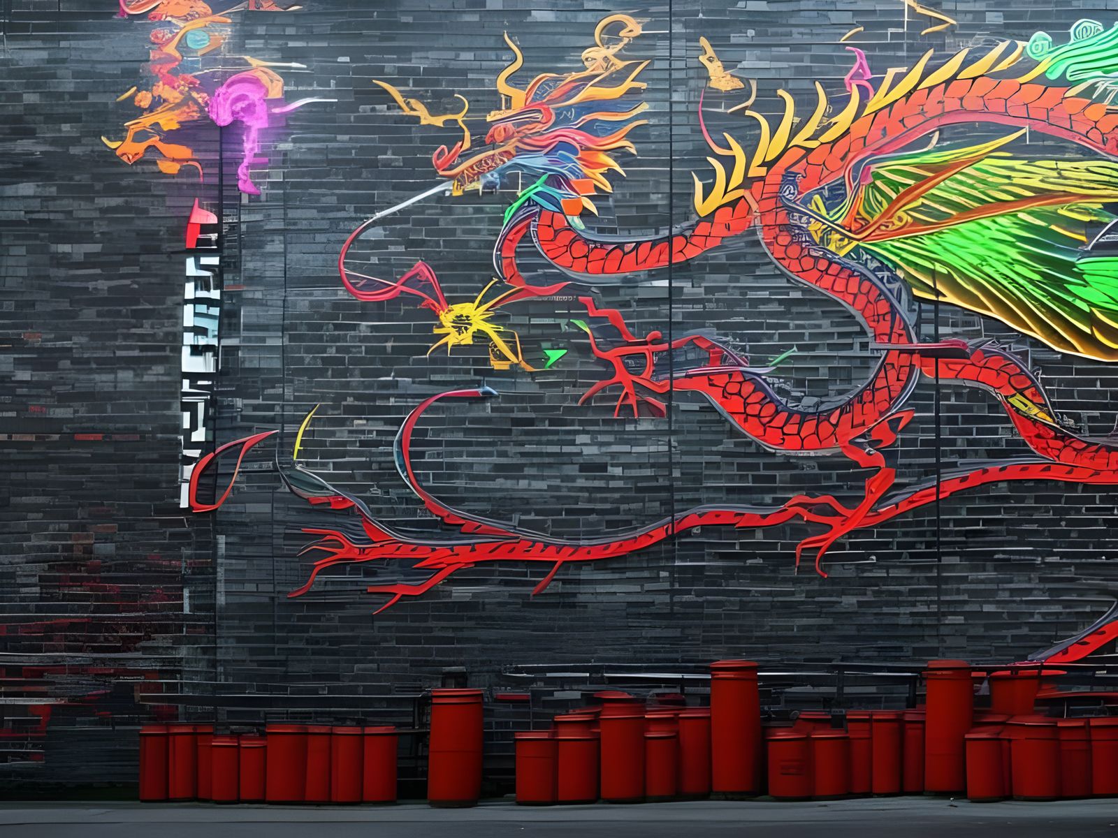 Cyberpunk Dragon Graffiti Art in Chinatown