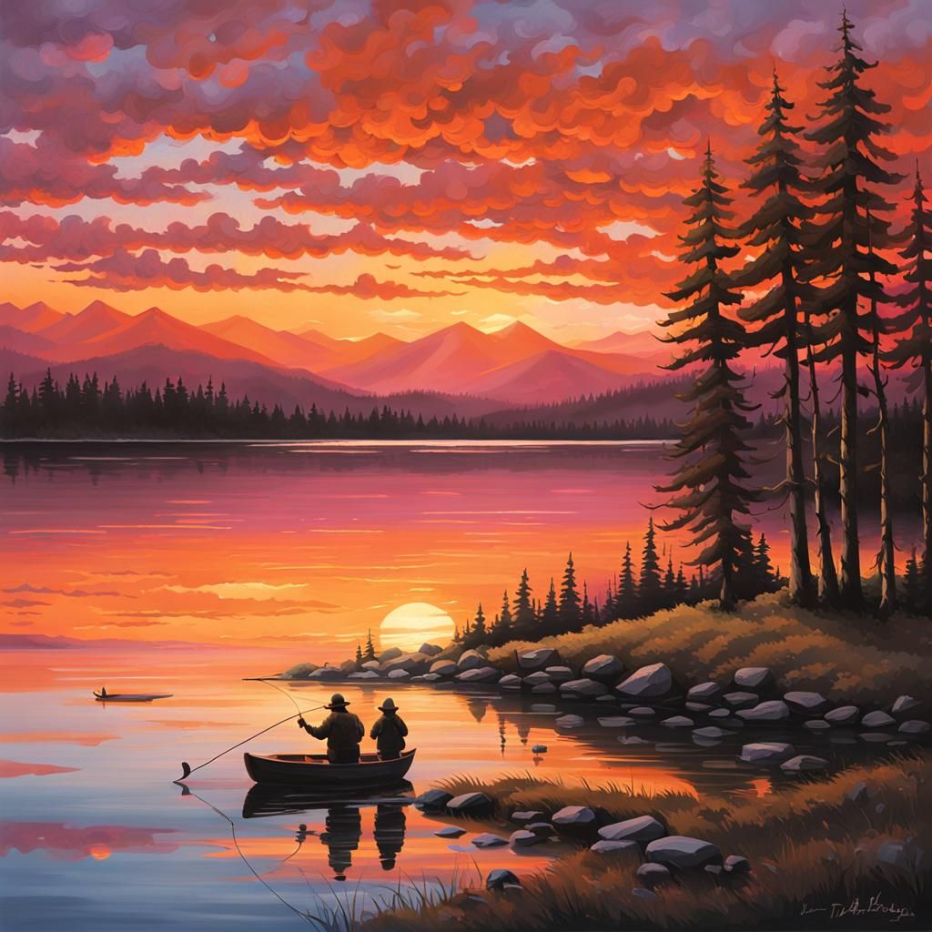 Sunset Fisherman at Lake Cabin in Gouache Style