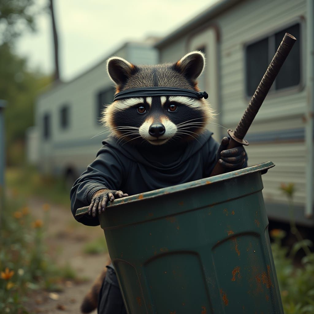 Ninja Raccoon Peeking in Dilapidated RV Park