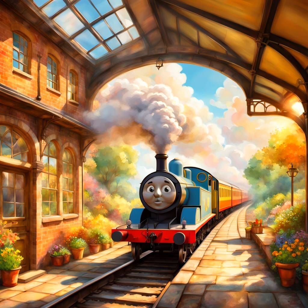 Charming Victorian Steam Train Station Scene with Thomas the...