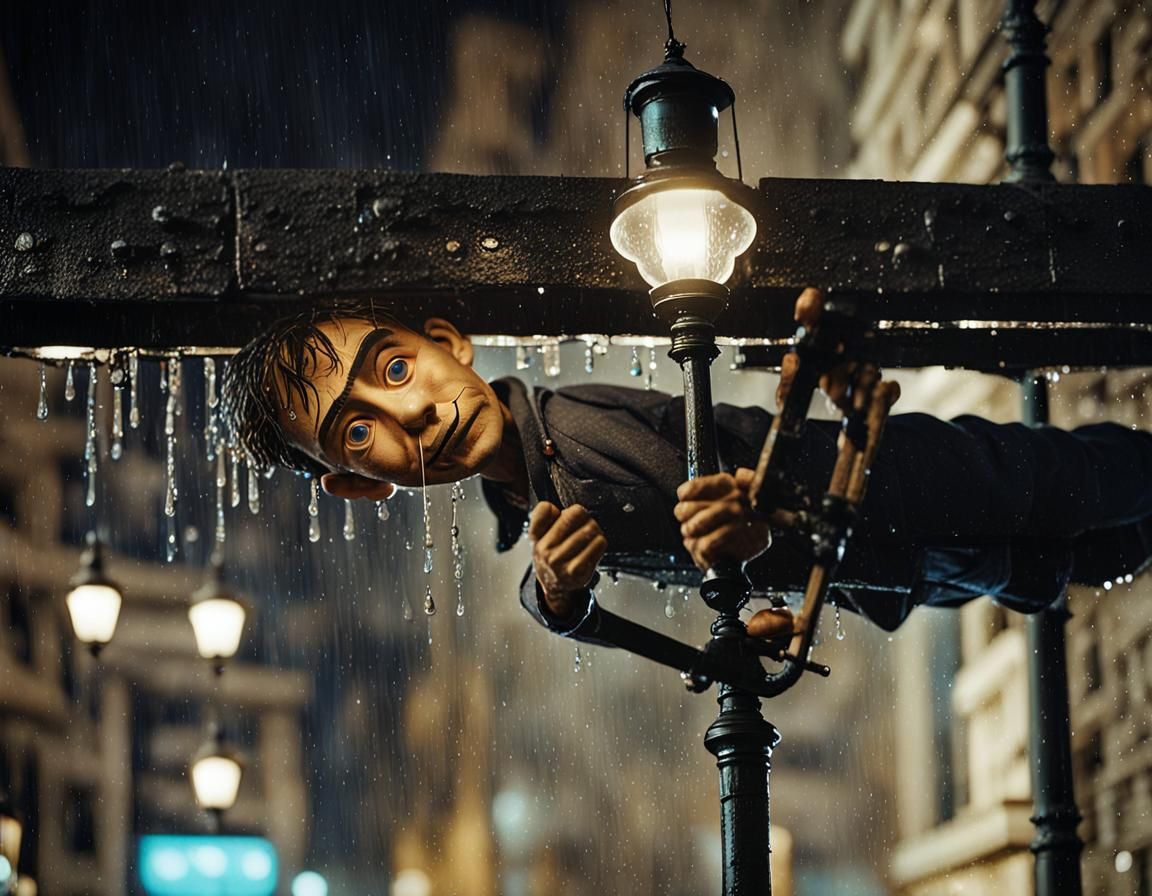 Moody Marionette at a Rainy Street Corner