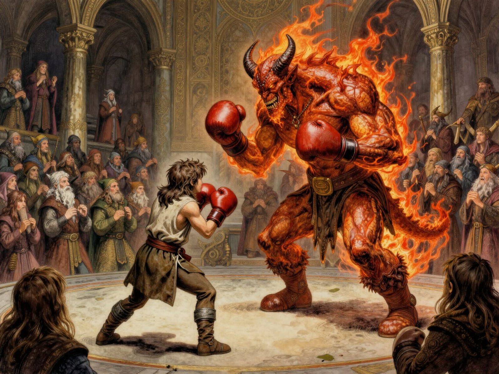 Hobbit vs Balrog Boxing Match in Elven Hall