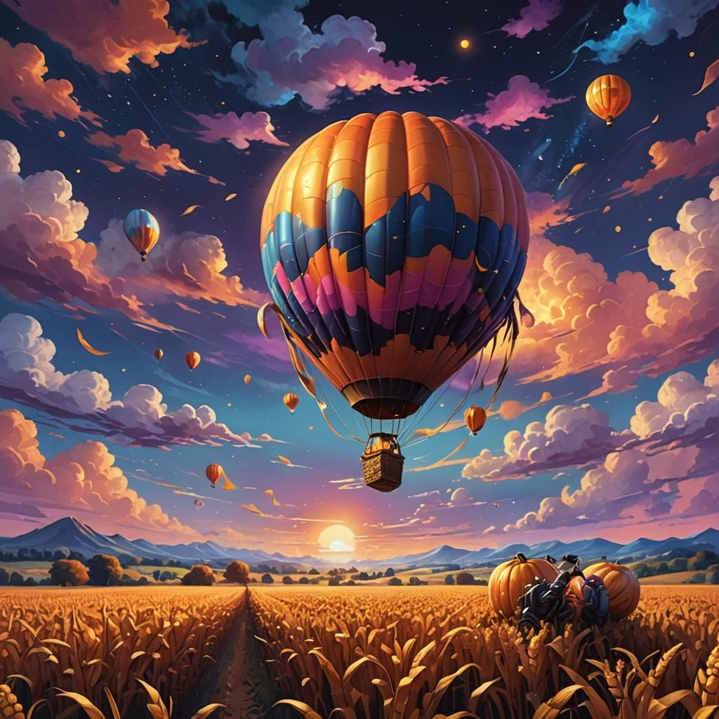 Pumpkin Balloon Over Cornfield in Disney Splash Art