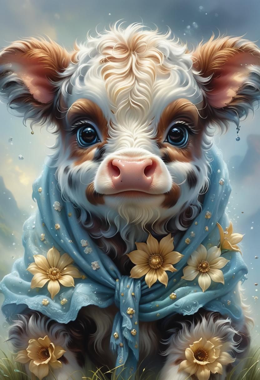 Adorable Baby Cow in Ethereal Fantasy Style