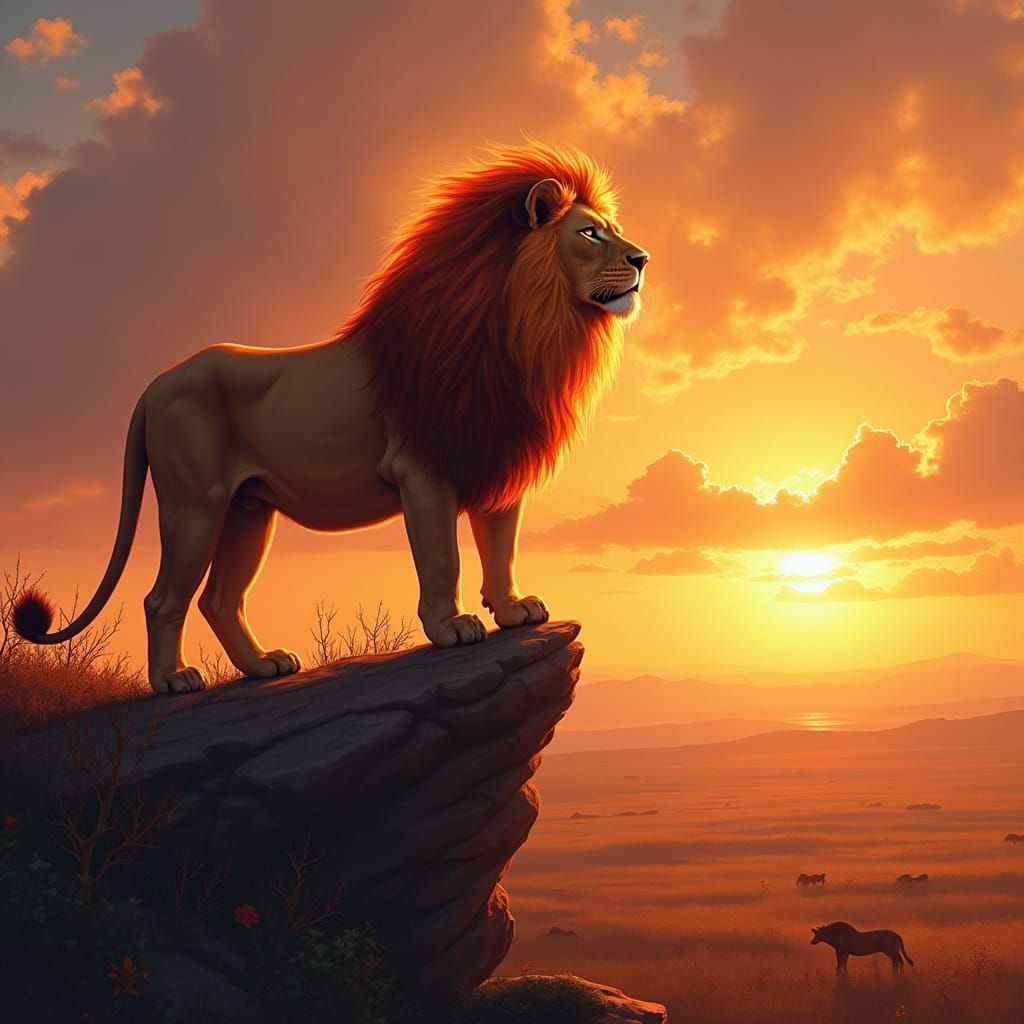 Fiery Lion Overlooking Savannah, in Digital Painting Style