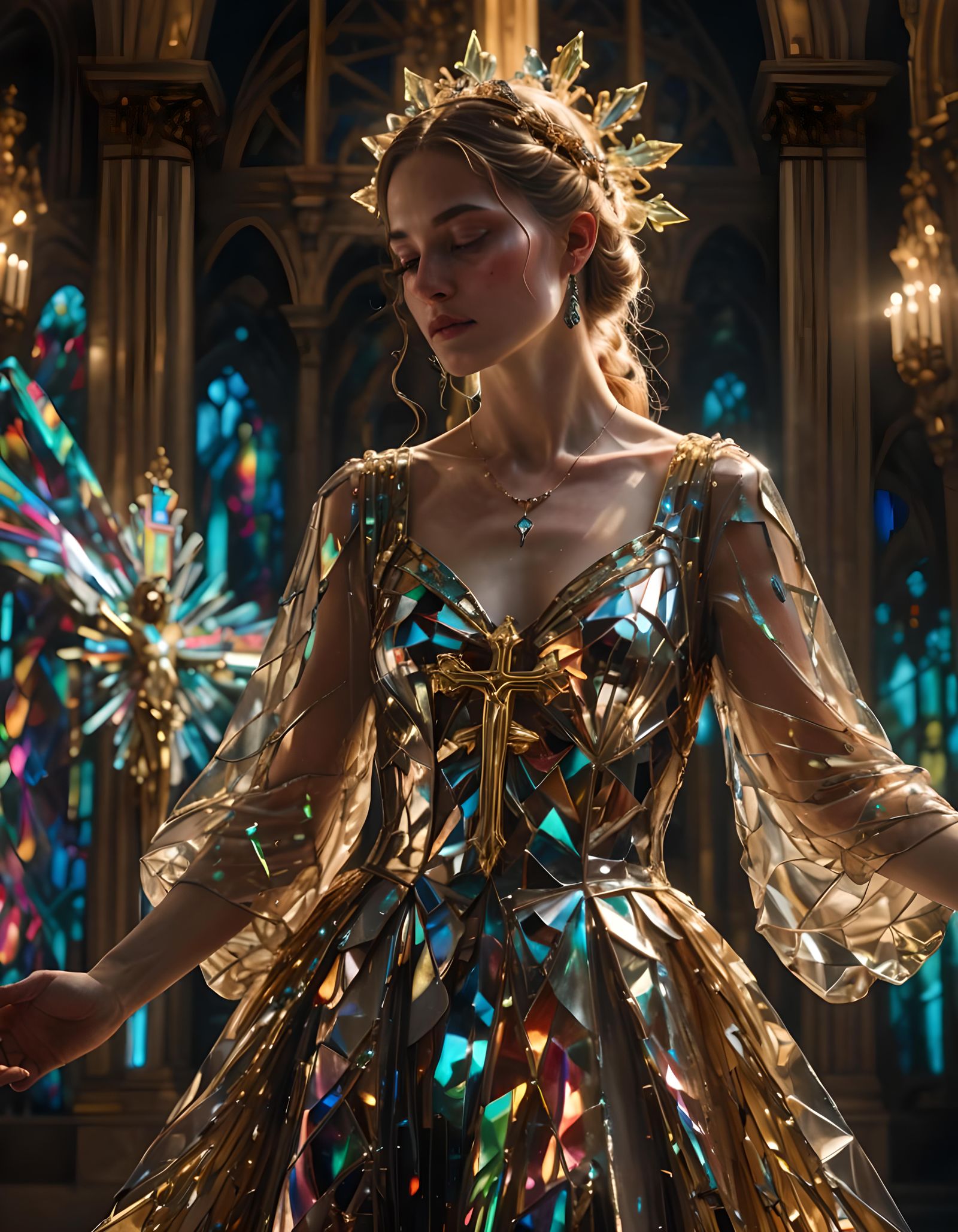 Futuristic Catholic Art: Woman in Neon Cathedral