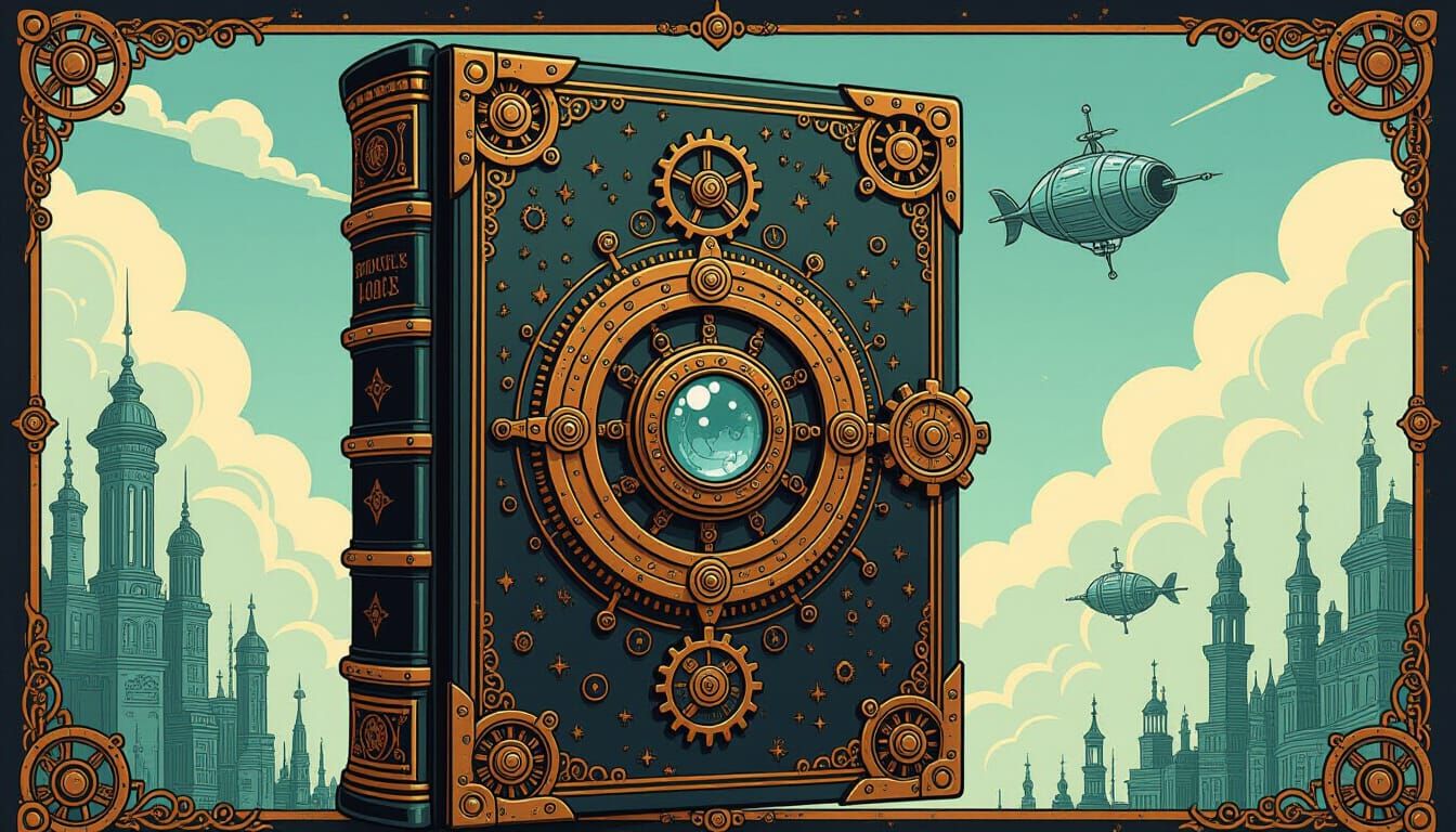 Steampunk Book Cover in Detailed Fantasy Style