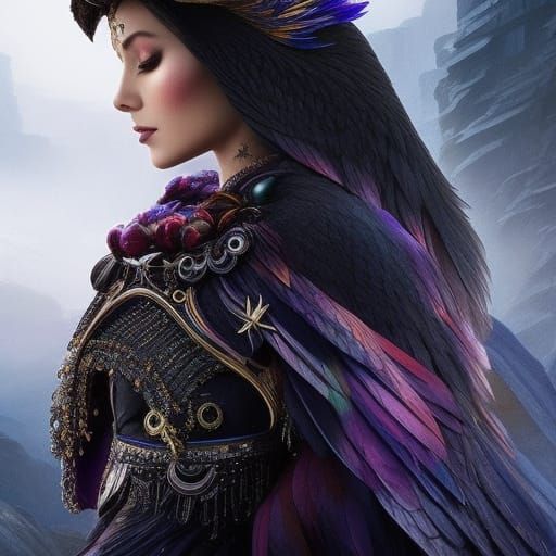 Hyperrealistic Raven in Fantasy Landscape