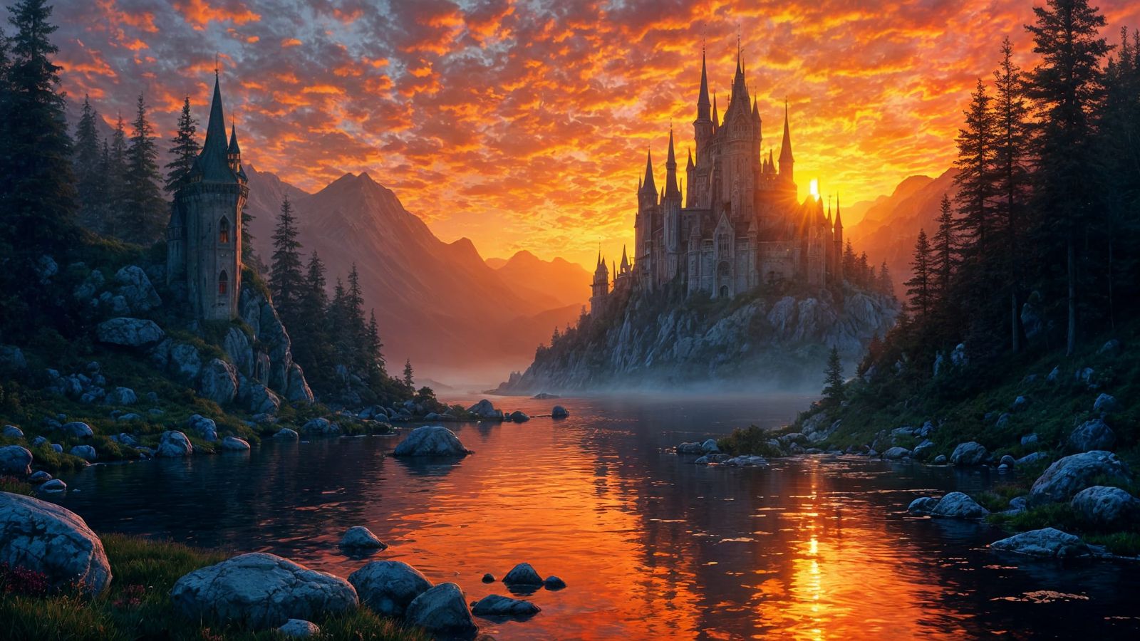 Fantasy Castle in Burning Lake Mosaic at Dawn