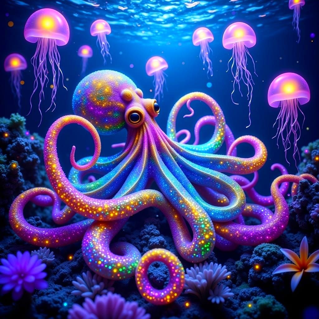 Surreal Underwater Scene in Vibrant Neon Hues