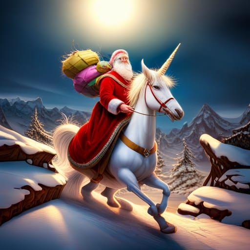 Santa Claus Rides a Unicorn in 8K 3D