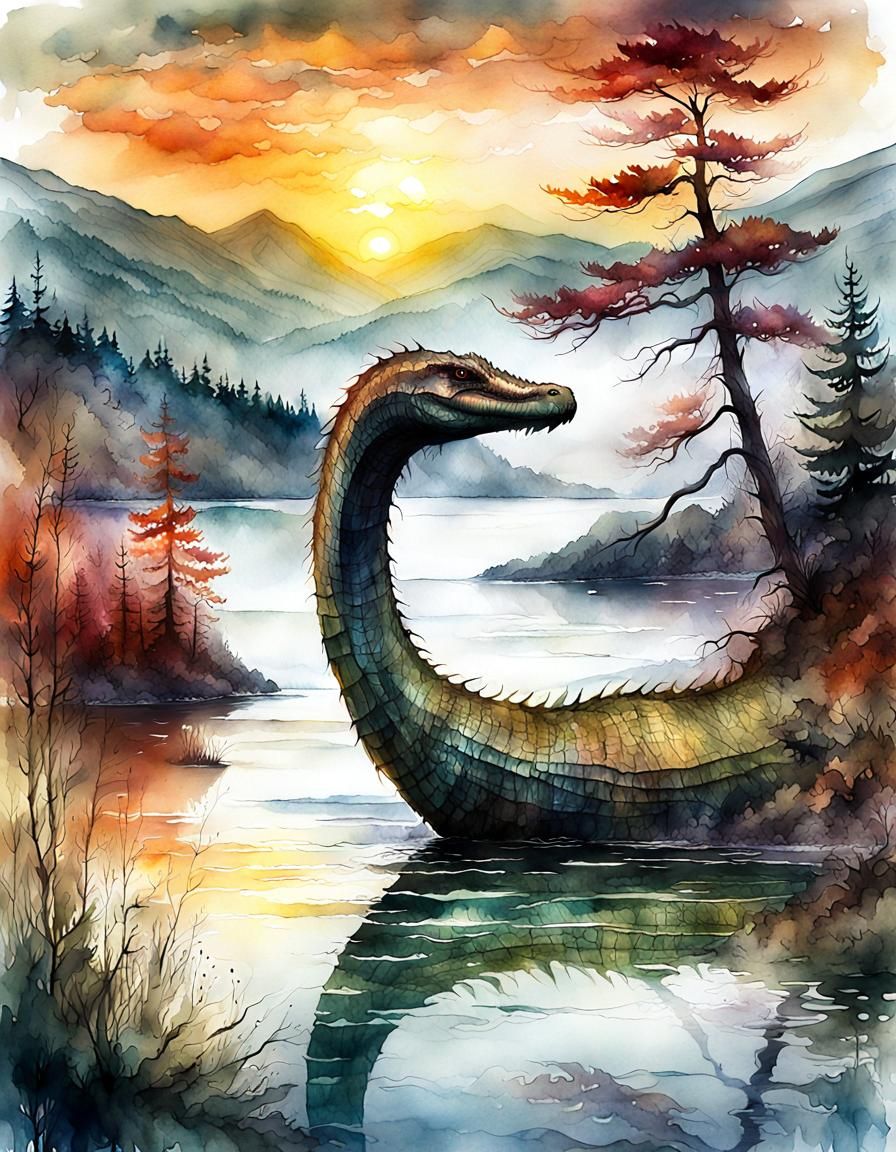 Loch Ness Monster in Seasonal Watercolor Illustration