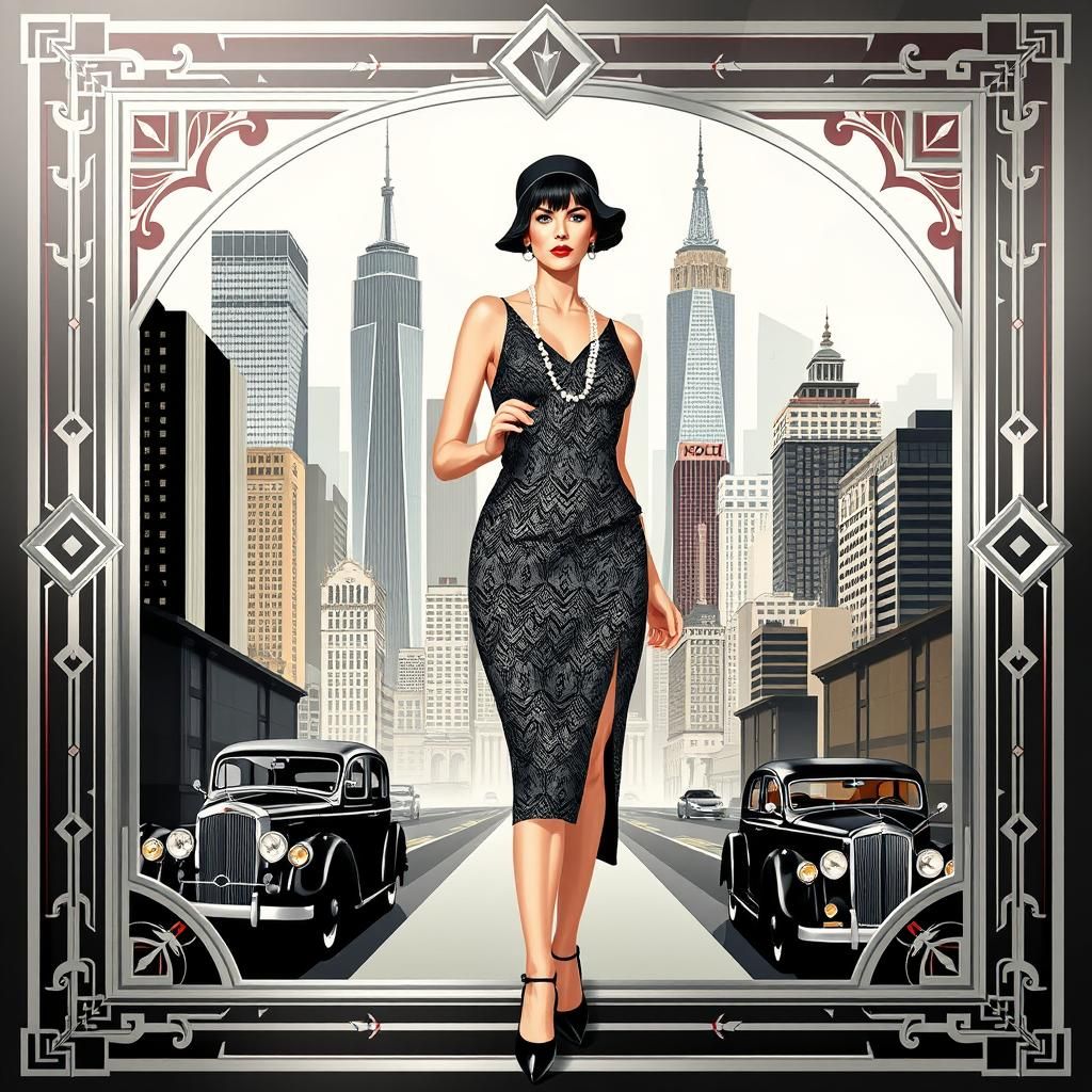 Flapper in Art Deco Cityscape Movie Poster