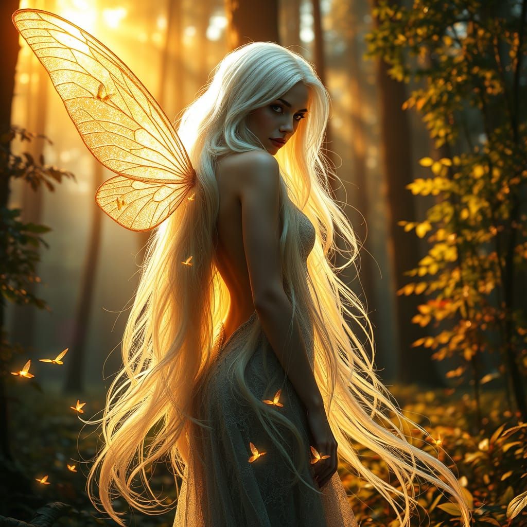 Enchanted Fairy Illuminated by Golden Light in a Vibrant, Ho...