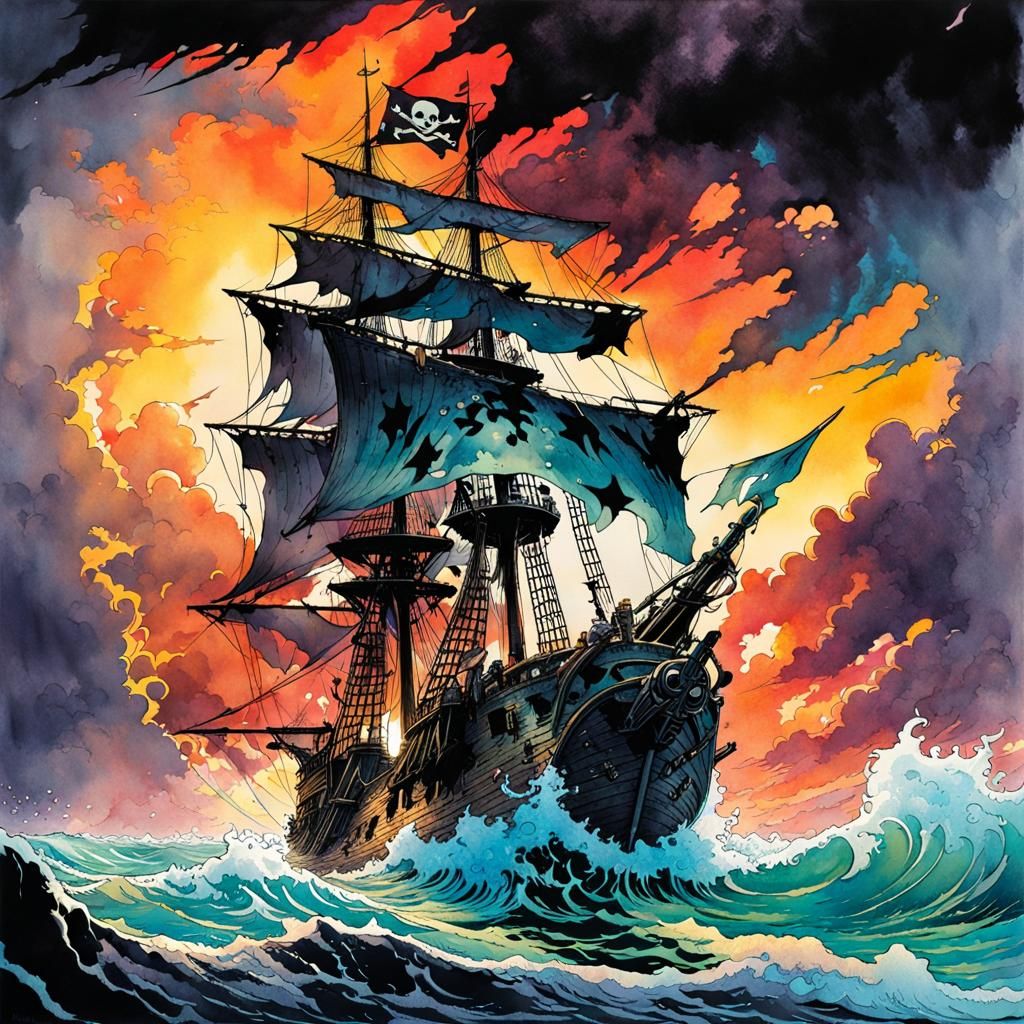 Tattered Pirate Flag in Watercolor Comic Style