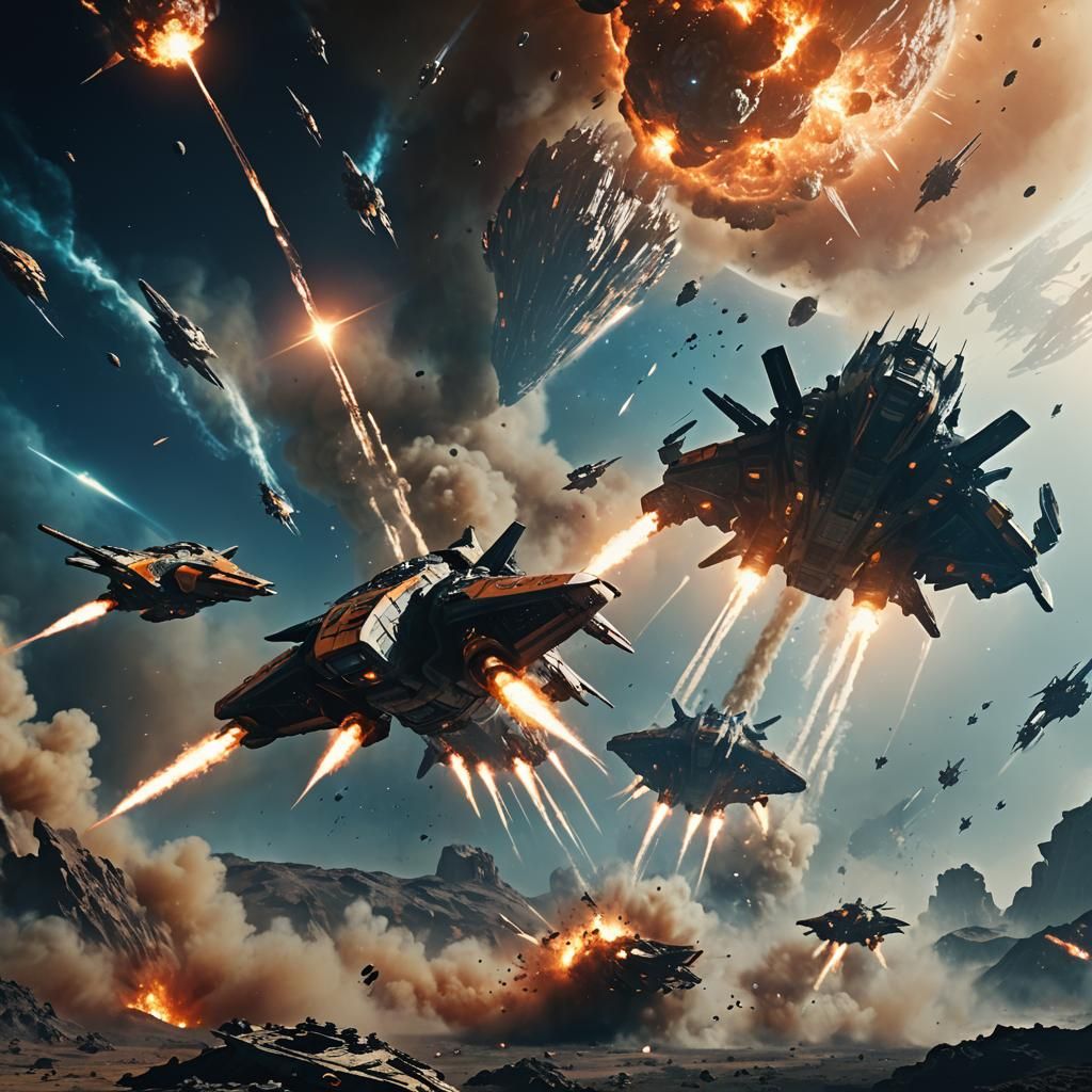 Futuristic Spaceship Battle Above Planet: Cinematic Film Sti...