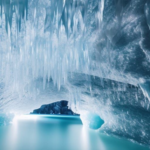 Glittering ice cave with a lake of clear water